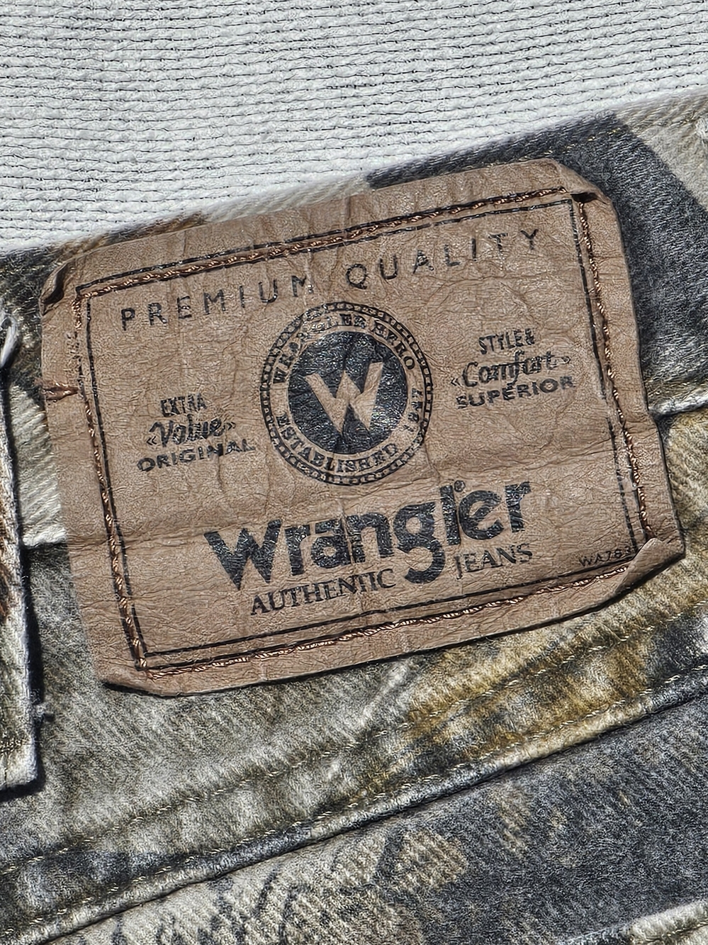 Wrangler Brown and Olive Leather Patch Jeans - Picture 3 of 7